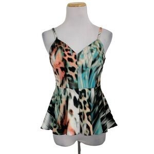 Bebe Animal print peplum spaghetti strap tank top